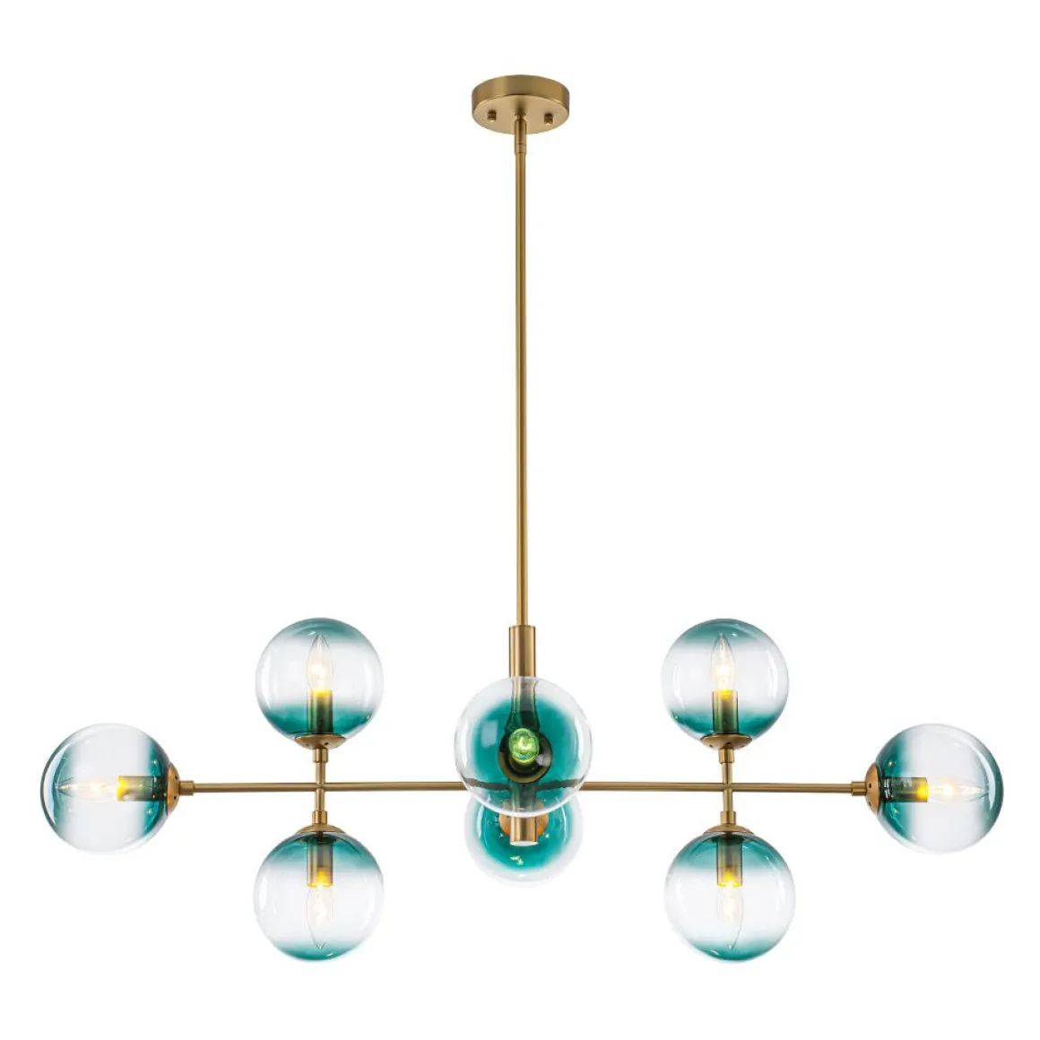 8-Light Linear Sputnik Tinted Blue Glass Bubble Chandelier