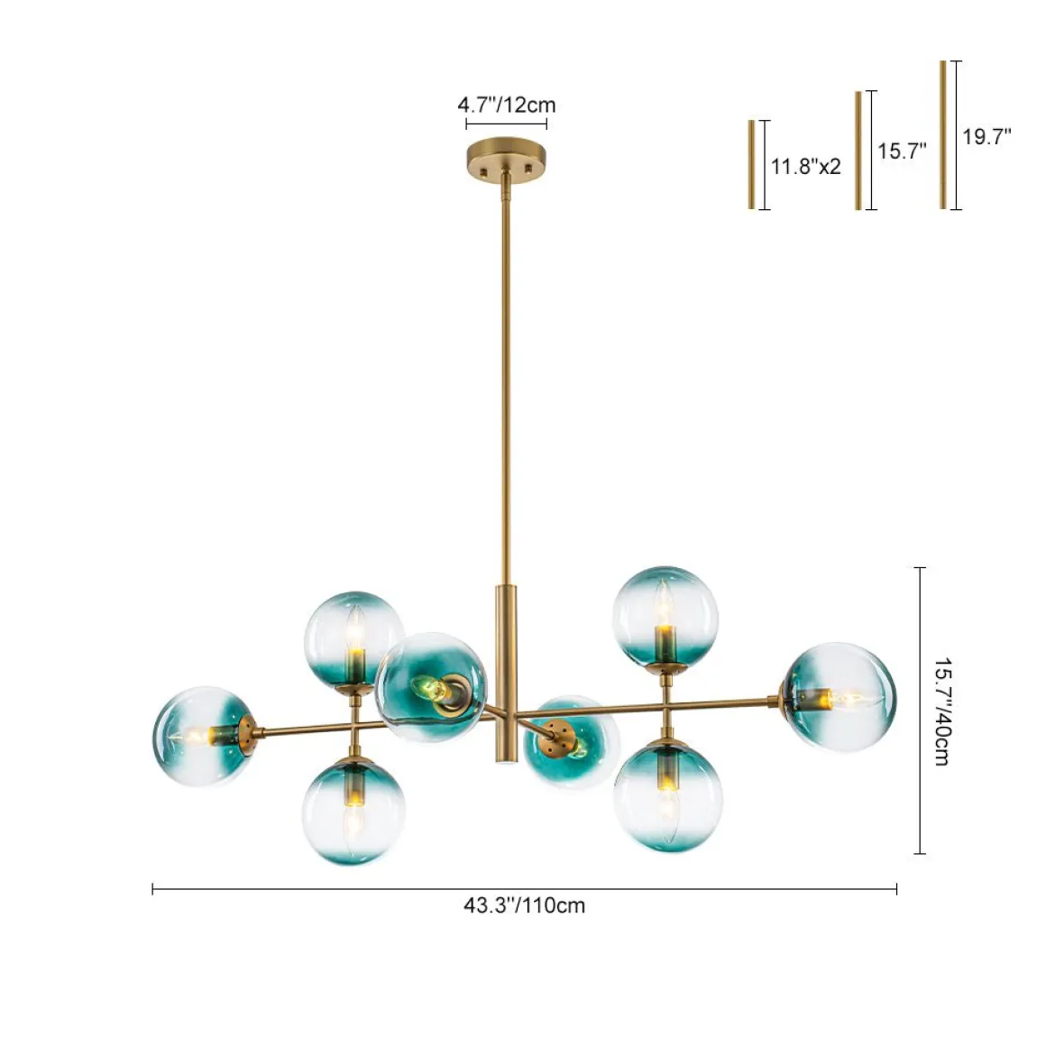 8-Light Linear Sputnik Tinted Blue Glass Bubble Chandelier