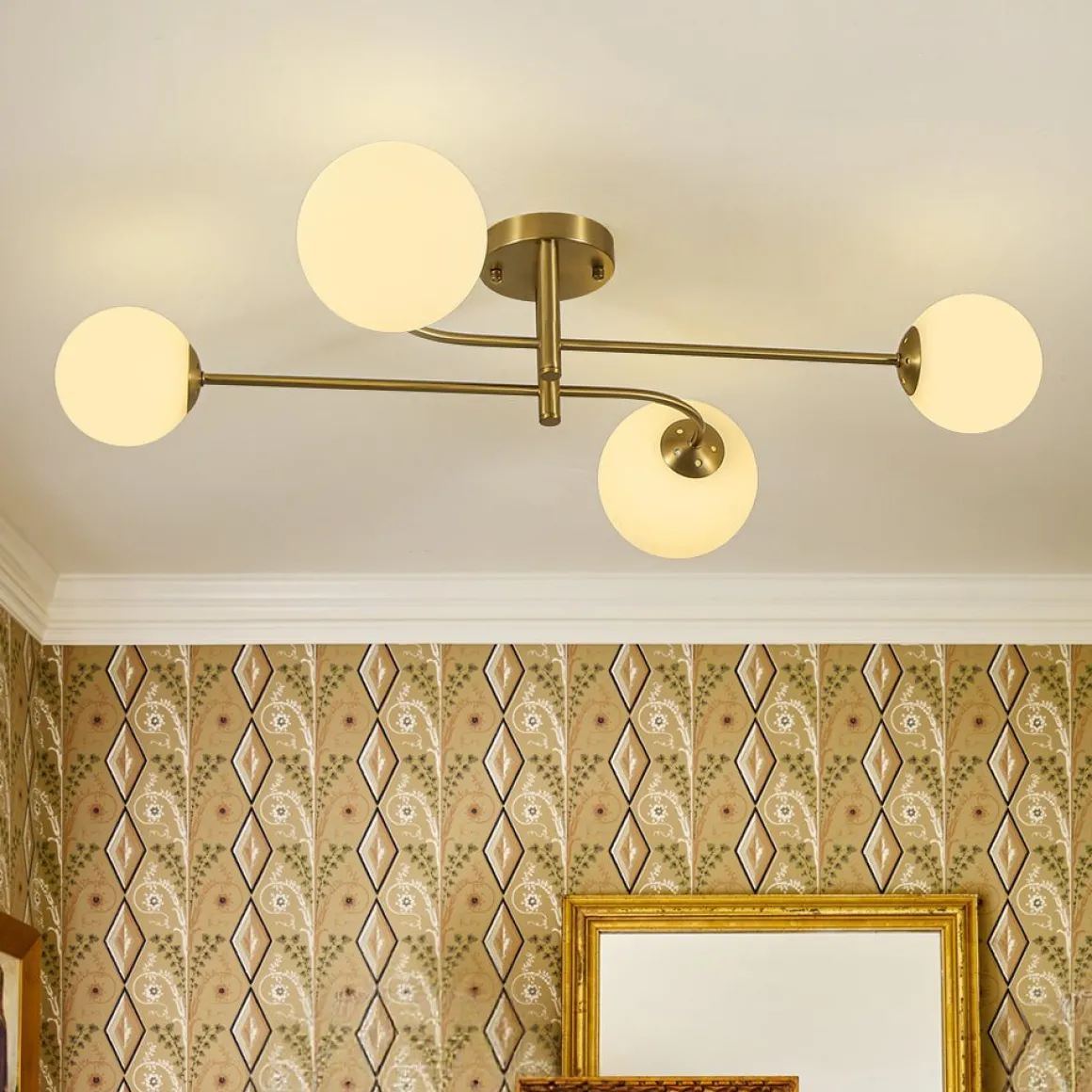 4-Light Minimalist Linear Sputnik Opal Glass Globe Semi Flush