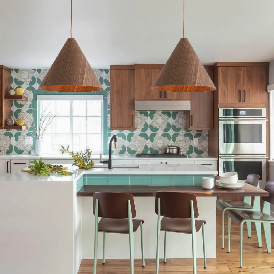 1-Light Modern Farmhouse Wood Grain Cone Kitchen Pendant