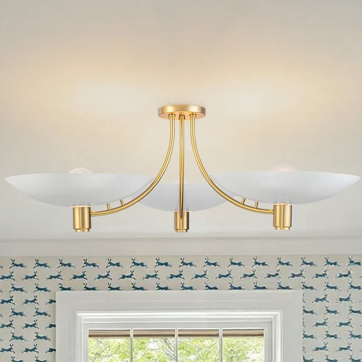 3-Light Modern Iron Brass White Saucer Semi Flush Mount