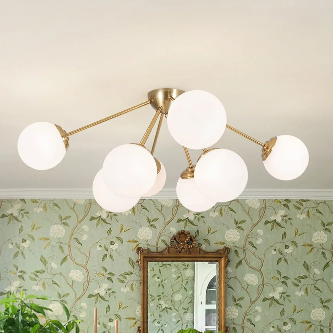 8-Light Opal Glass Bubble Sputnik Semi Flush Chandelier