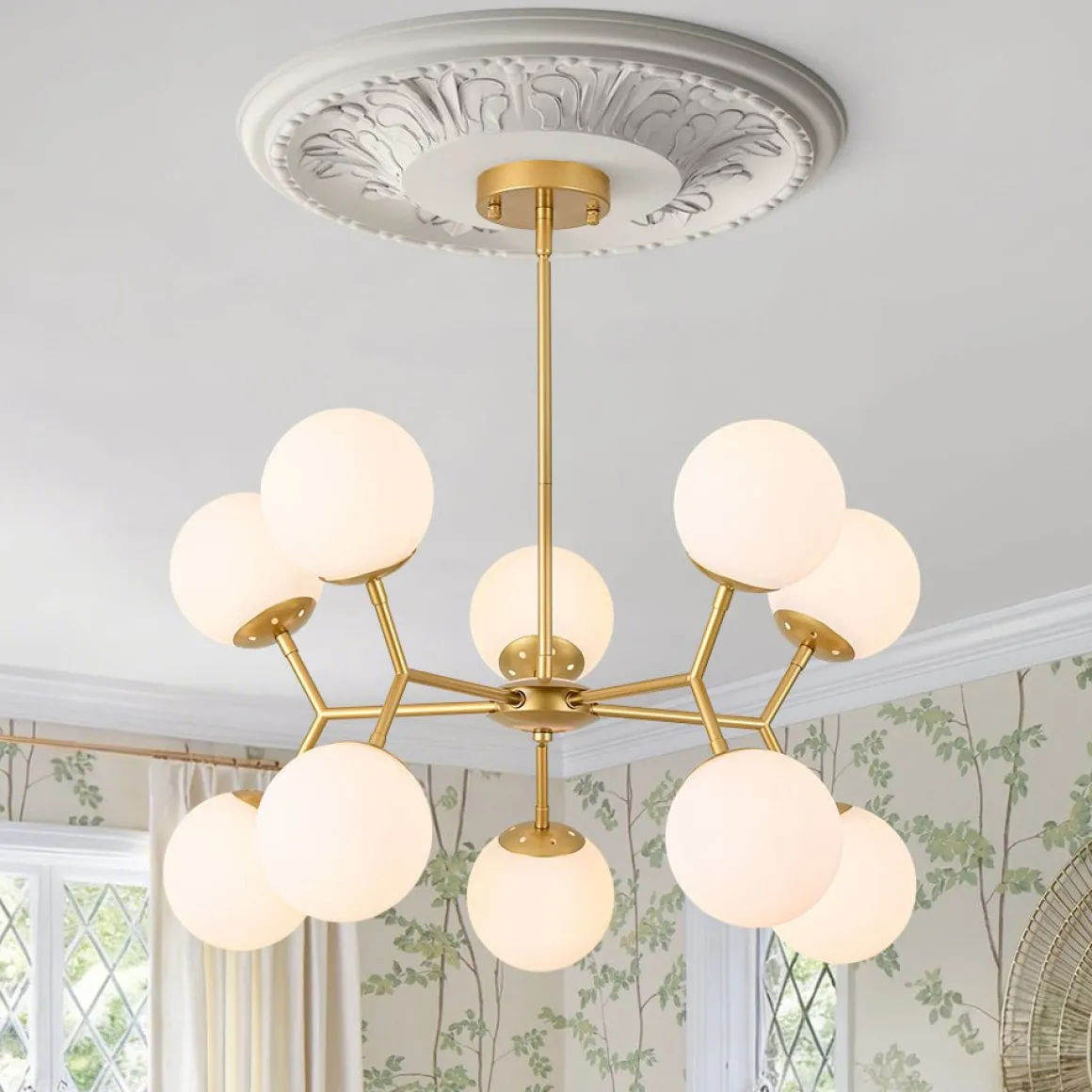 10-Light Opal Glass Globe Bubble Sputnik Branch Chandelier