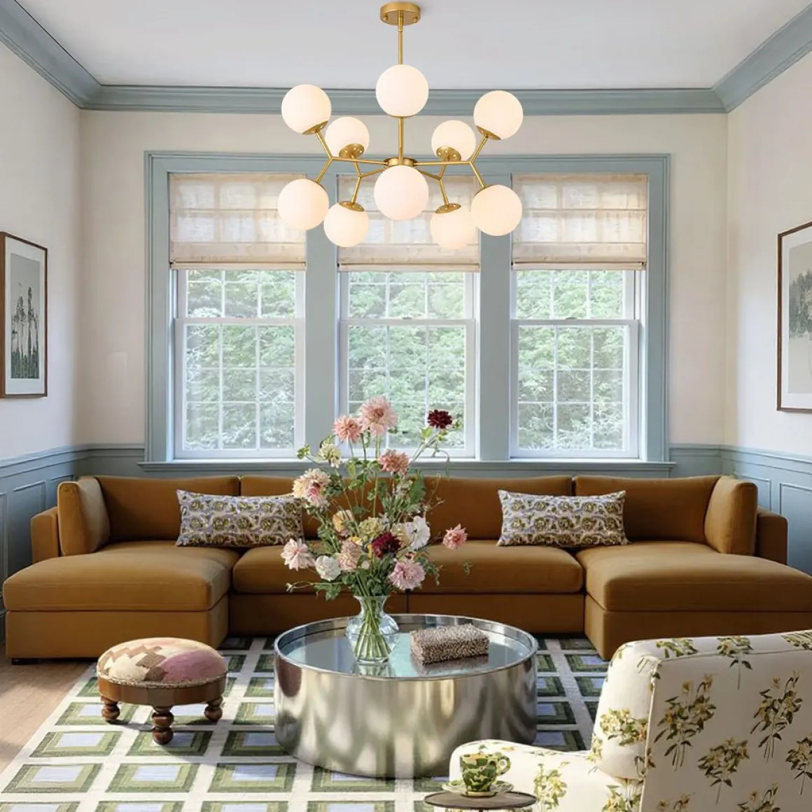 10-Light Opal Glass Globe Bubble Sputnik Branch Chandelier