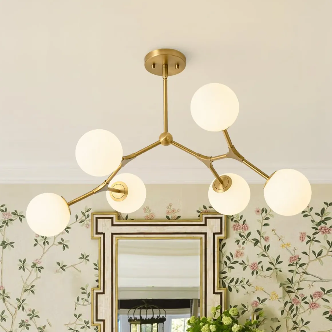 6-Light Opal Glass Globe Linear Branch Sputnik Chandelier