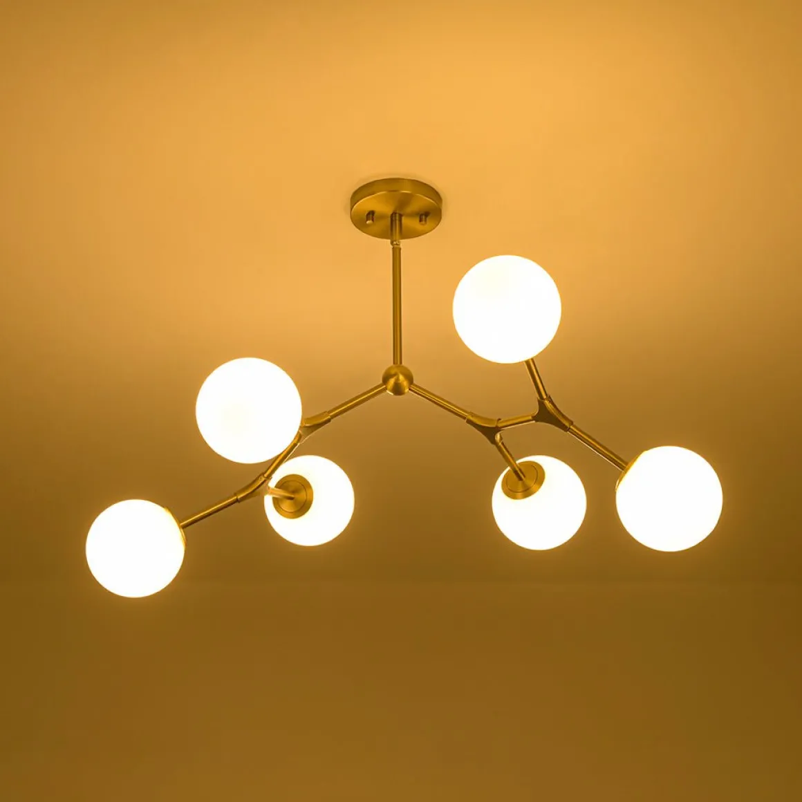 6-Light Opal Glass Globe Linear Branch Sputnik Chandelier