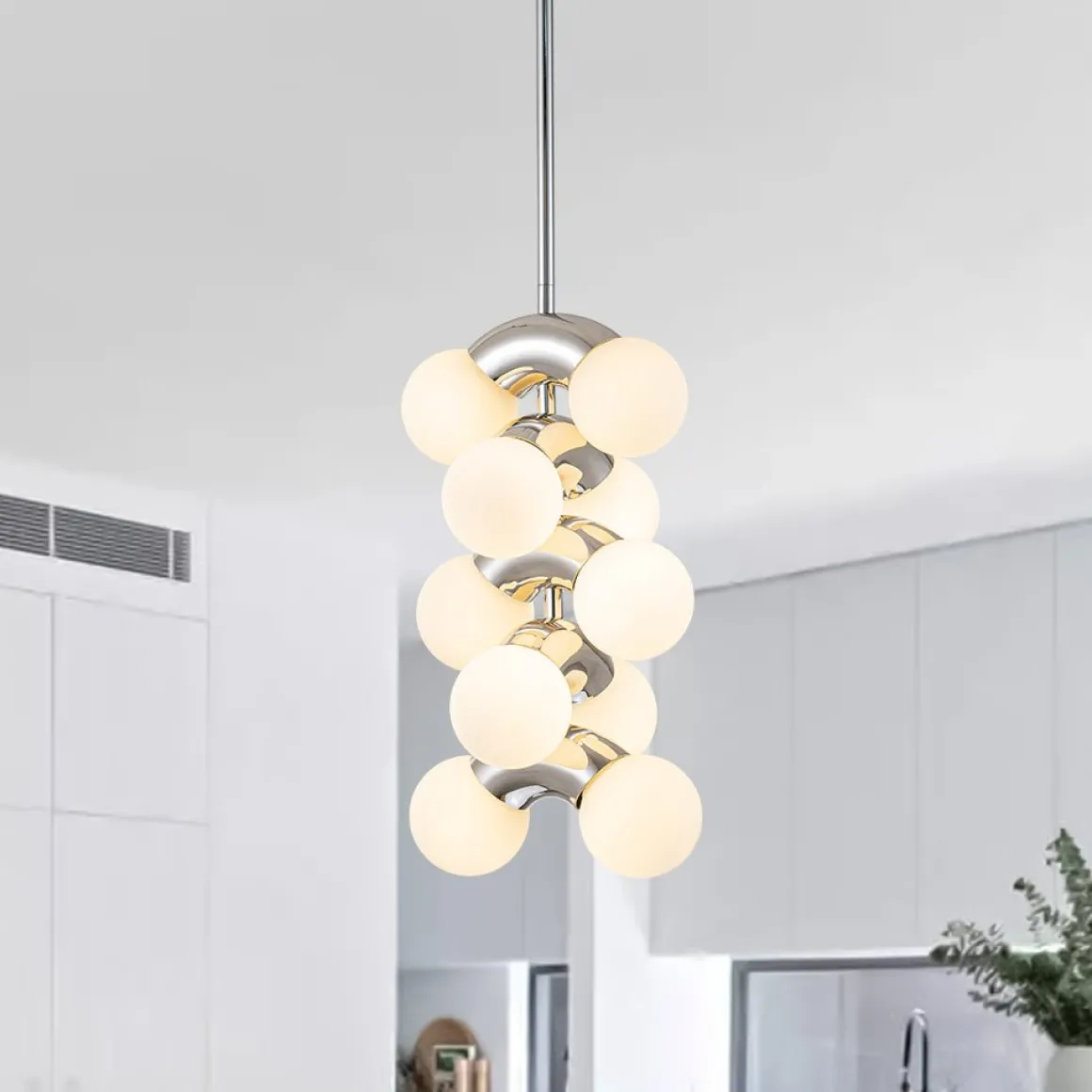 10-Light Pearl Tiered Milky Glass Globe Pendant Light