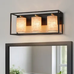 3-light Rectangular Black Frame Linen Wall Sconce