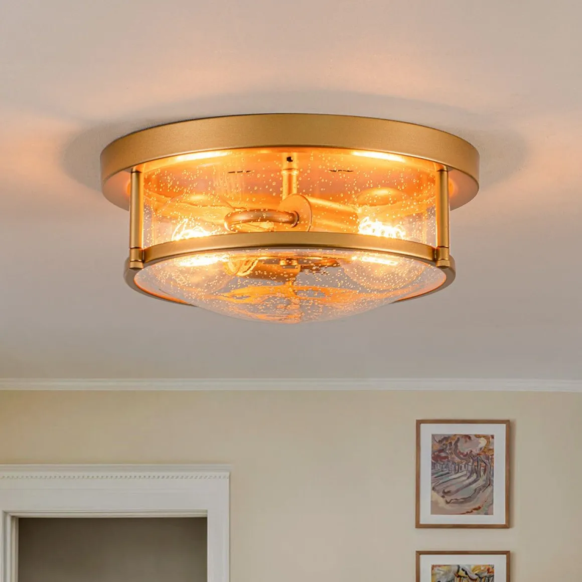 2-Light Seeded Glass Round Flush Mount Ceiling Light