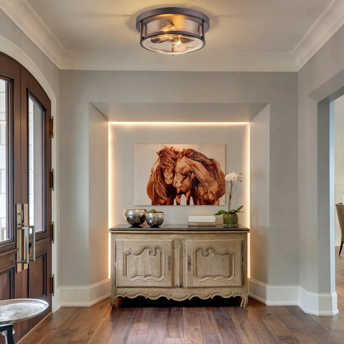2-Light Seeded Glass Round Flush Mount Ceiling Light