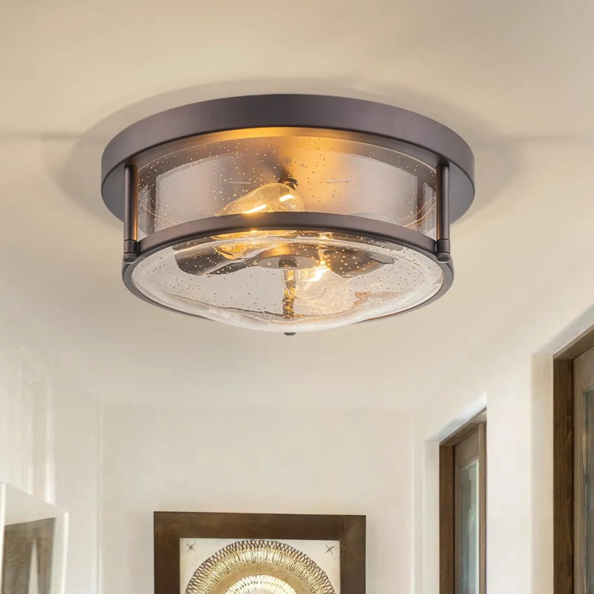 2-Light Seeded Glass Round Flush Mount Ceiling Light
