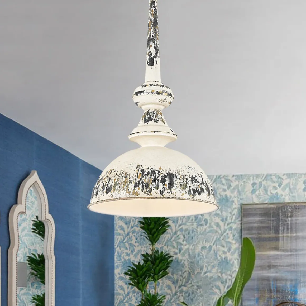 1-Light Shabby Chic Distressed Beige Metal Dome Pendant