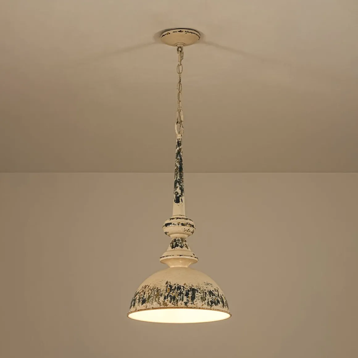 1-Light Shabby Chic Distressed Beige Metal Dome Pendant