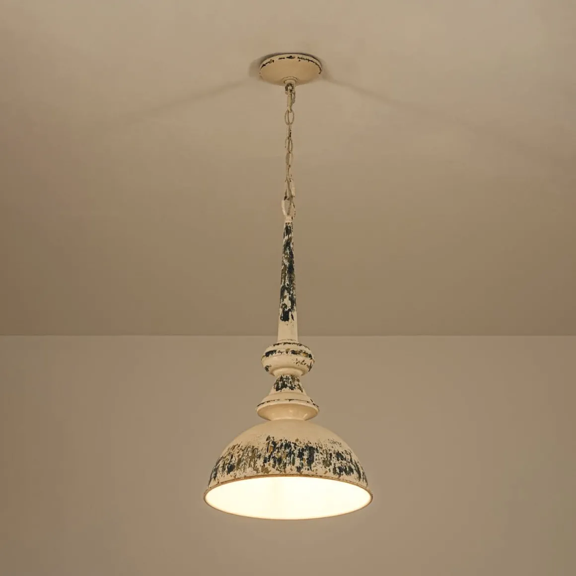 1-Light Shabby Chic Distressed Beige Metal Dome Pendant
