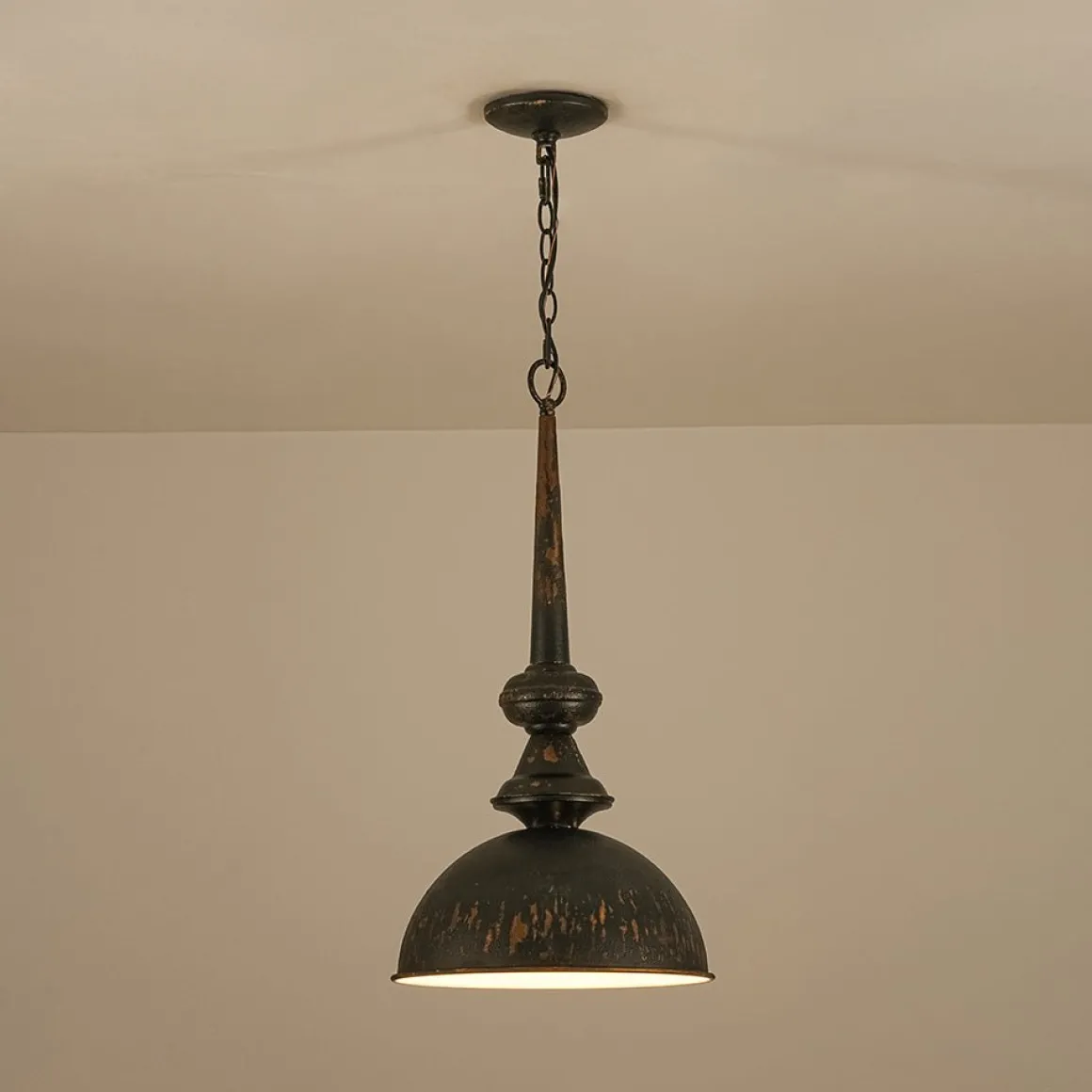 1-Light Shabby Chic Distressed Beige Metal Dome Pendant