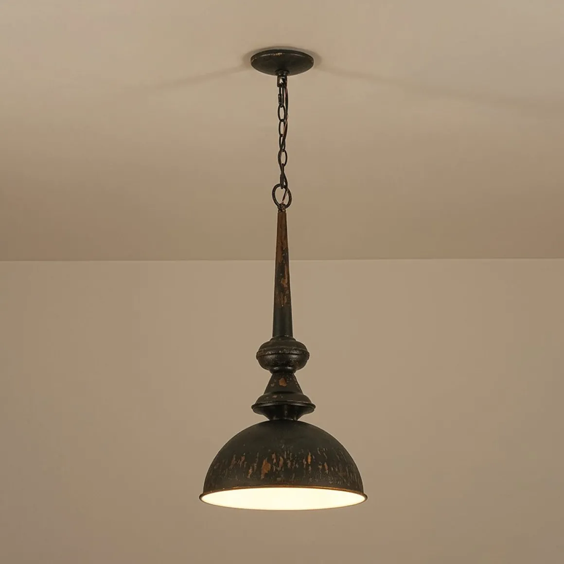 1-Light Shabby Chic Distressed Beige Metal Dome Pendant
