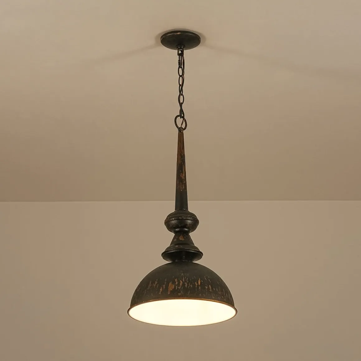 1-Light Shabby Chic Distressed Beige Metal Dome Pendant