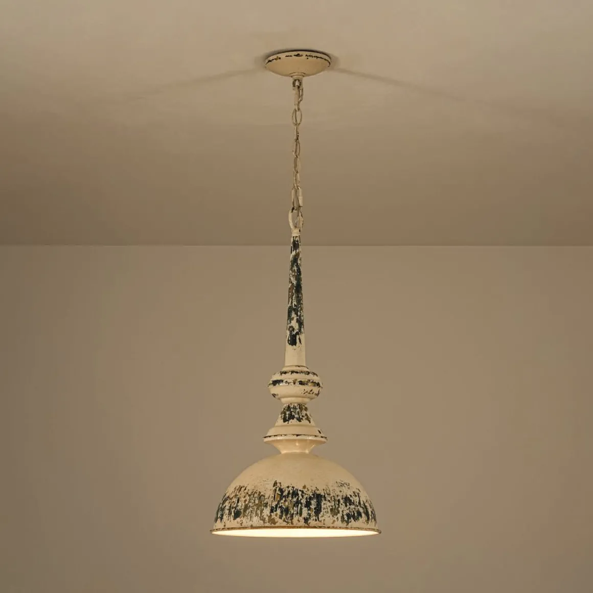 1-Light Shabby Chic Distressed Beige Metal Dome Pendant