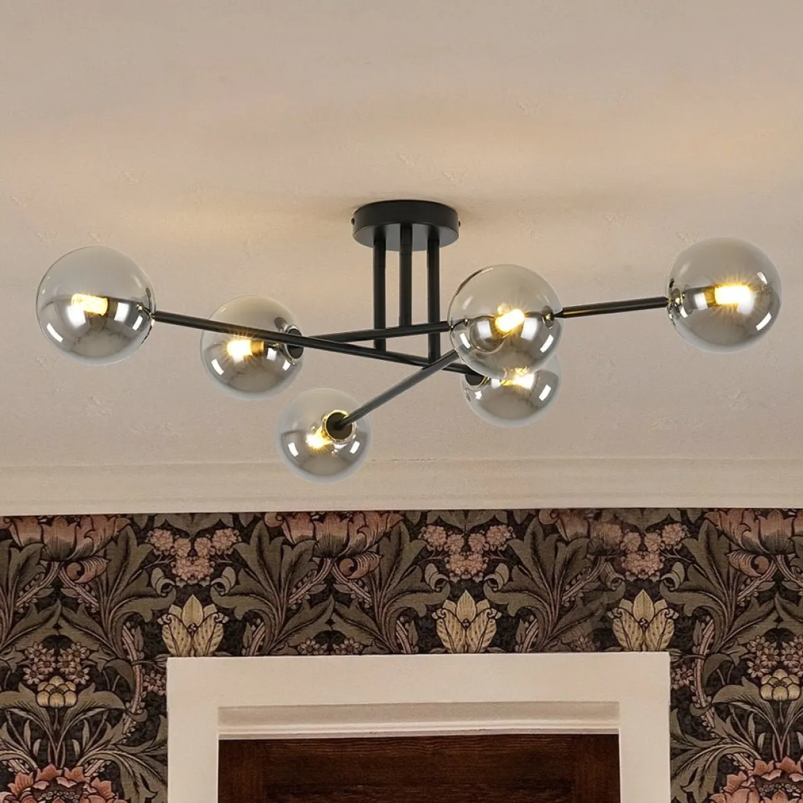 6-Light Smoked Glass Globe Linear Sputnik Semi Flush