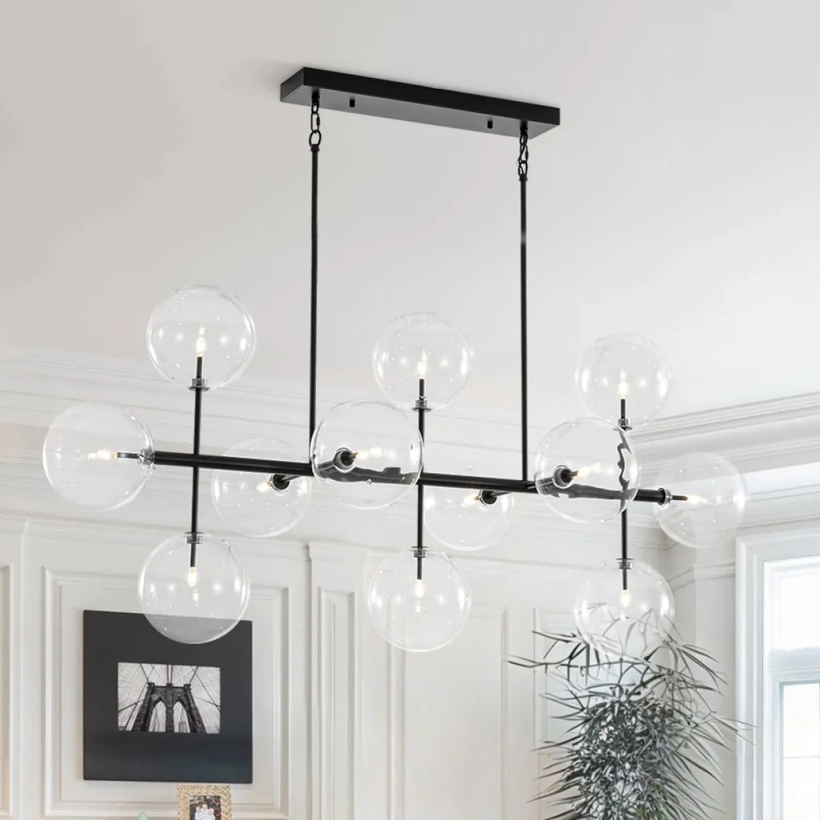 12-Light Sputnik Glass Globe Bubble Linear Island Chandelier