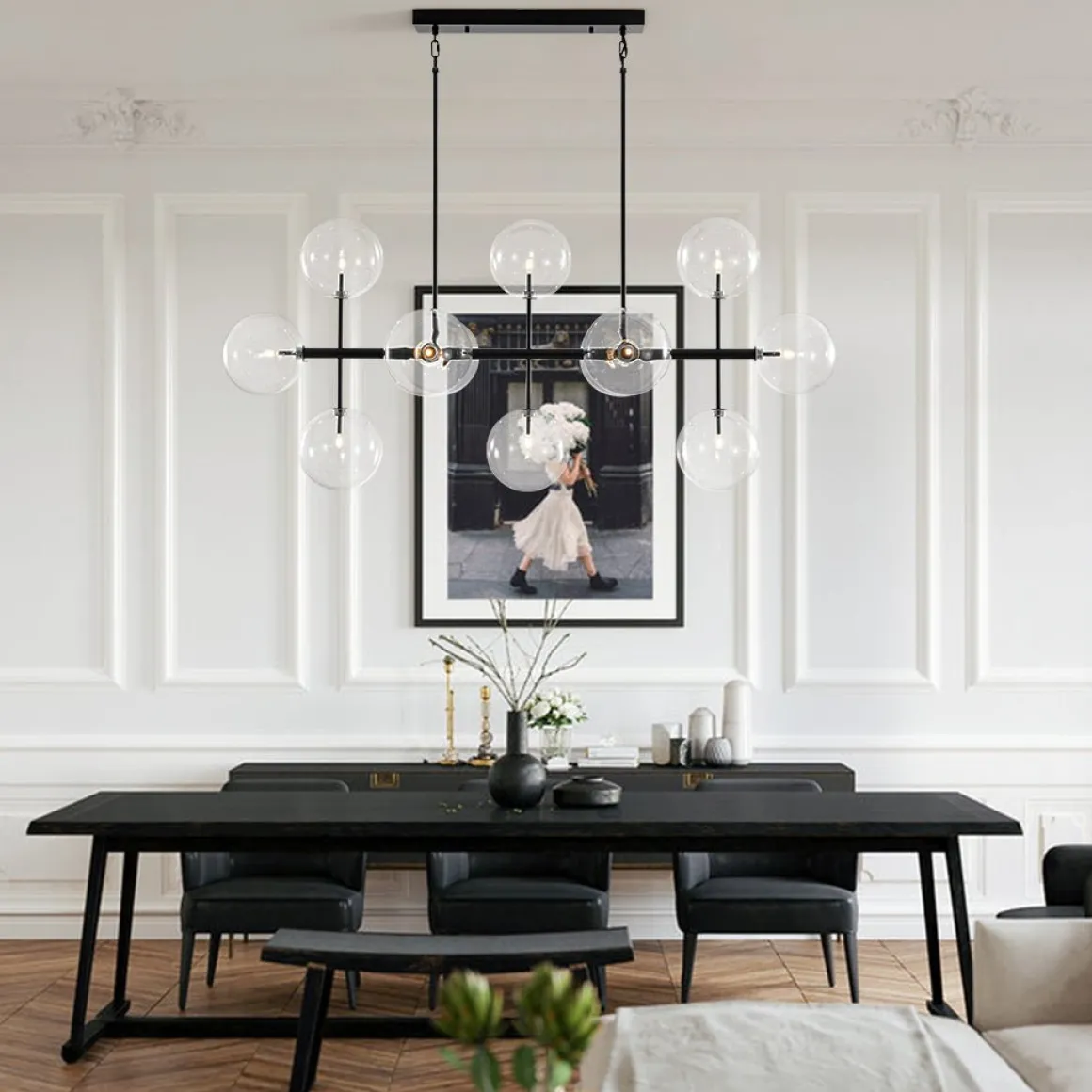 12-Light Sputnik Glass Globe Bubble Linear Island Chandelier