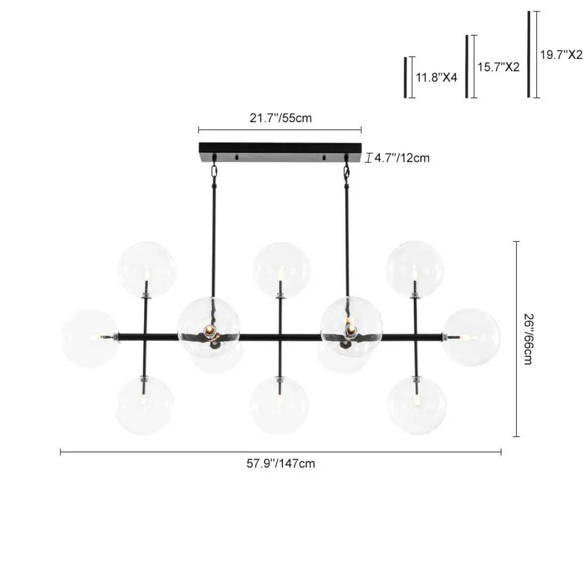 12-Light Sputnik Glass Globe Bubble Linear Island Chandelier