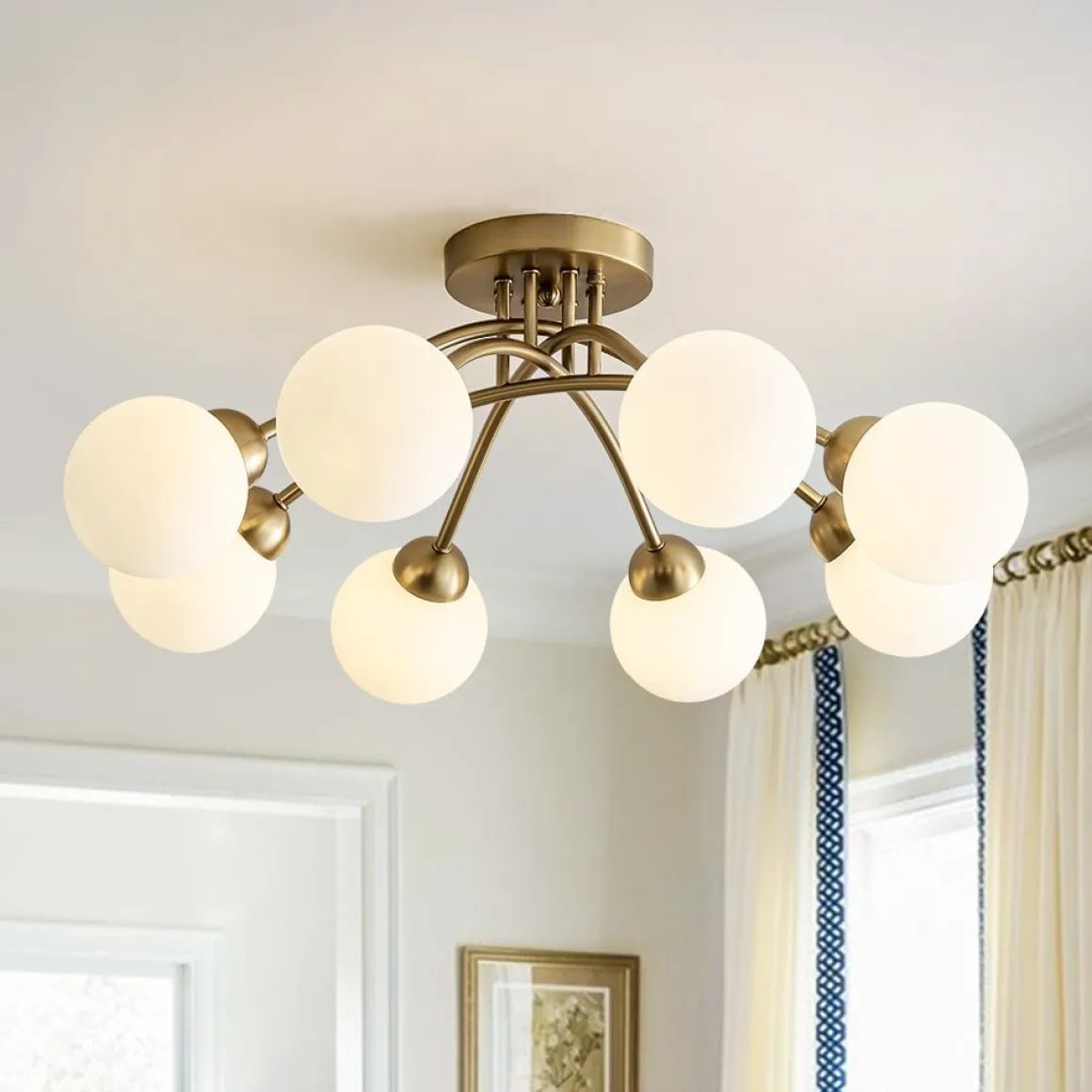 8-Light Sputnik Milky Glass Bubble Semi Flush Mount