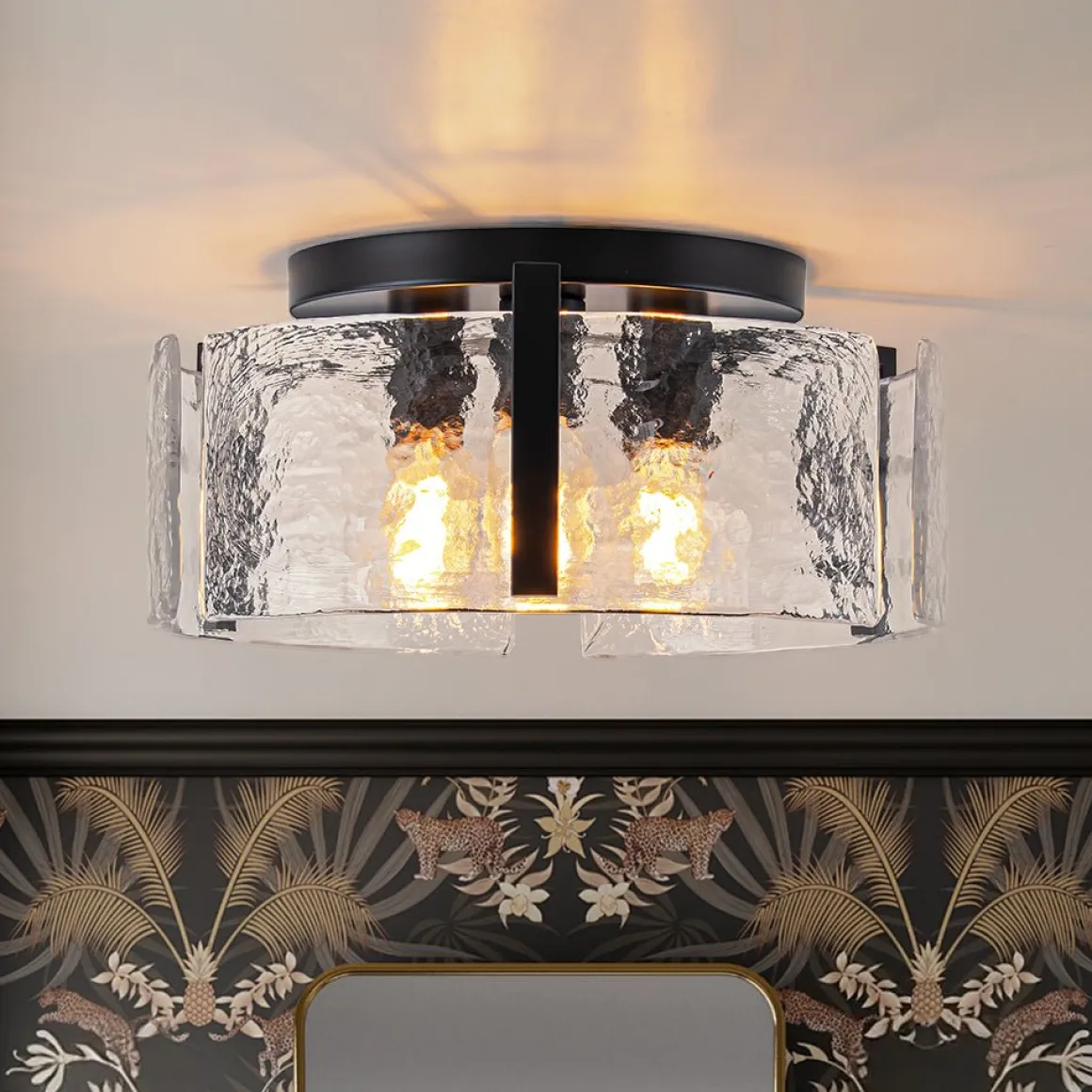 3-Light Water Textured Glass Drum Cage Semi Flush Mount