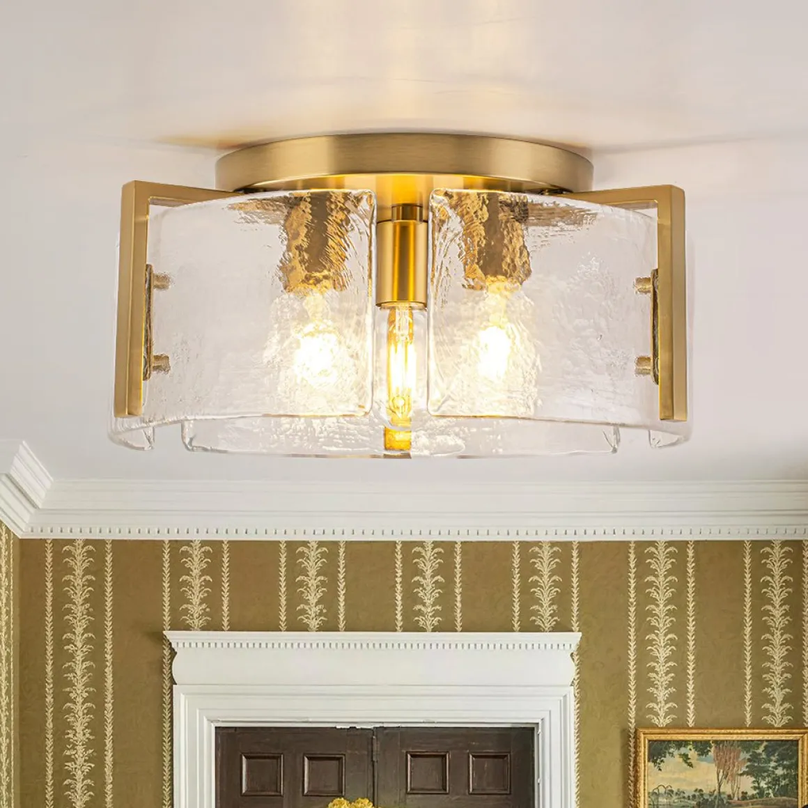 3-Light Water Textured Glass Drum Cage Semi Flush Mount