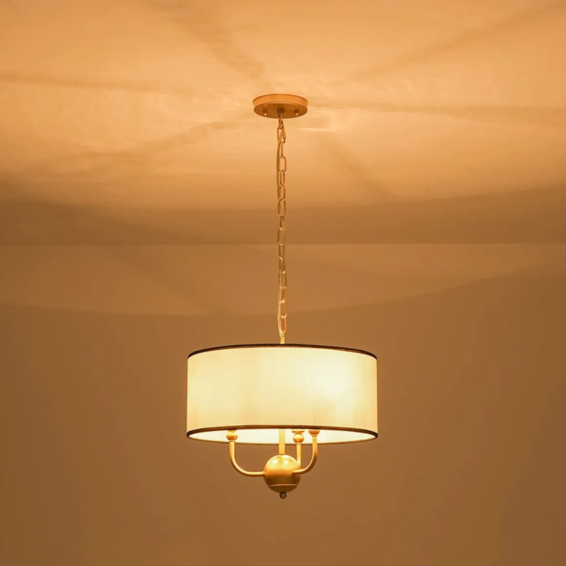 3-Light White Fabric Candle Style Round Drum Cage Pendant