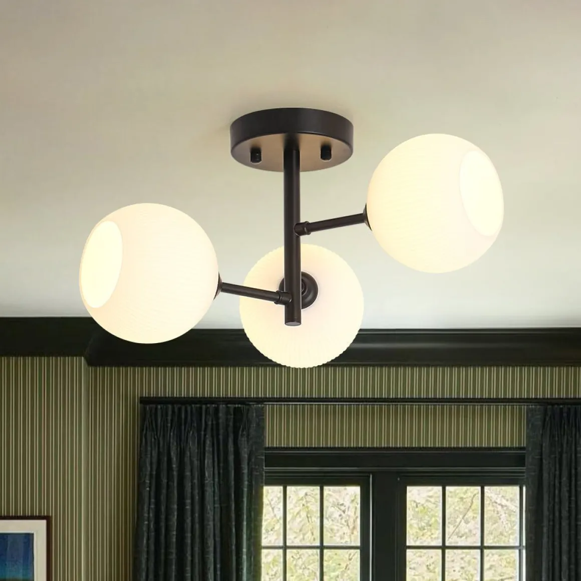 3-Light White Ribbed Glass Tiered Sputnik Semi Flush Mount