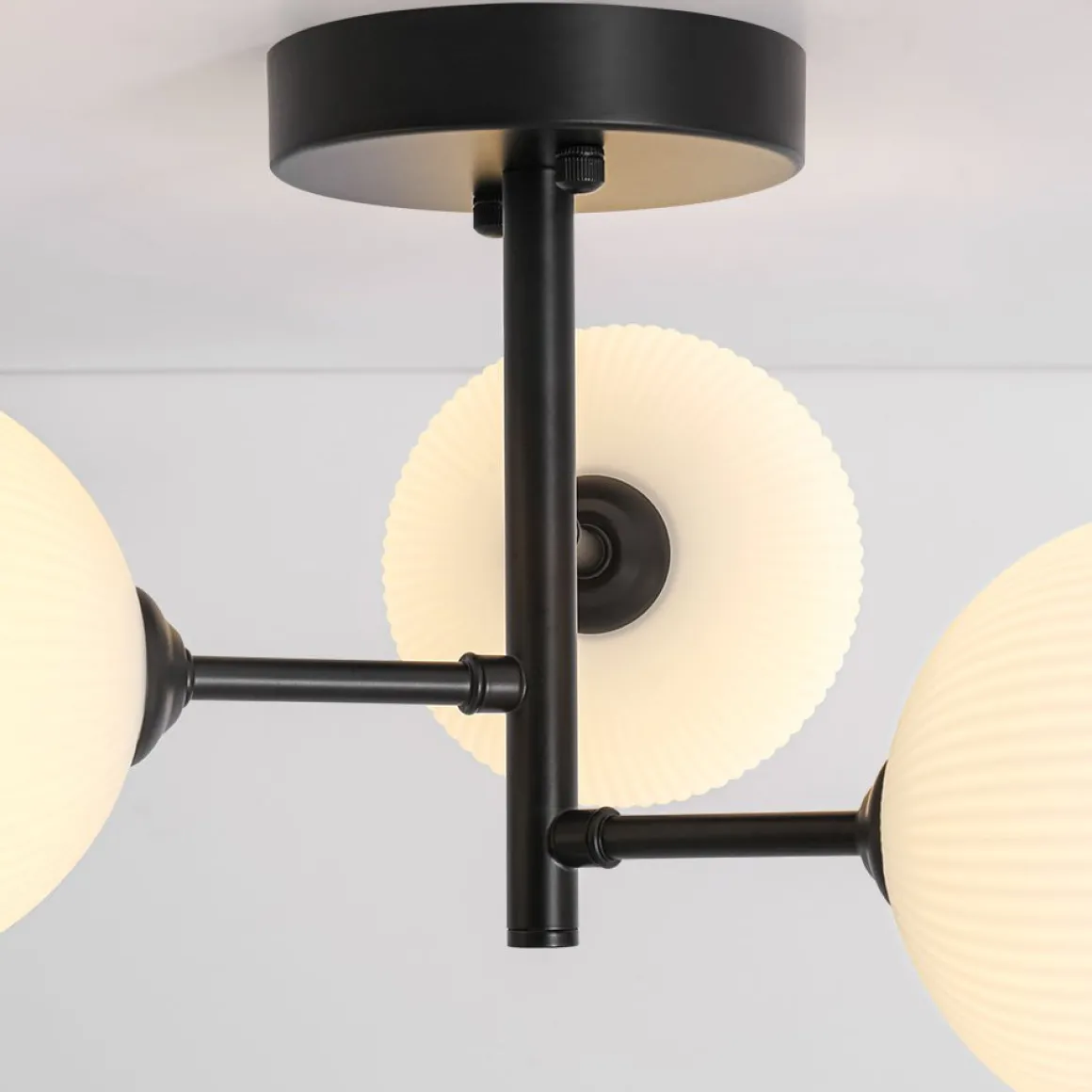 3-Light White Ribbed Glass Tiered Sputnik Semi Flush Mount