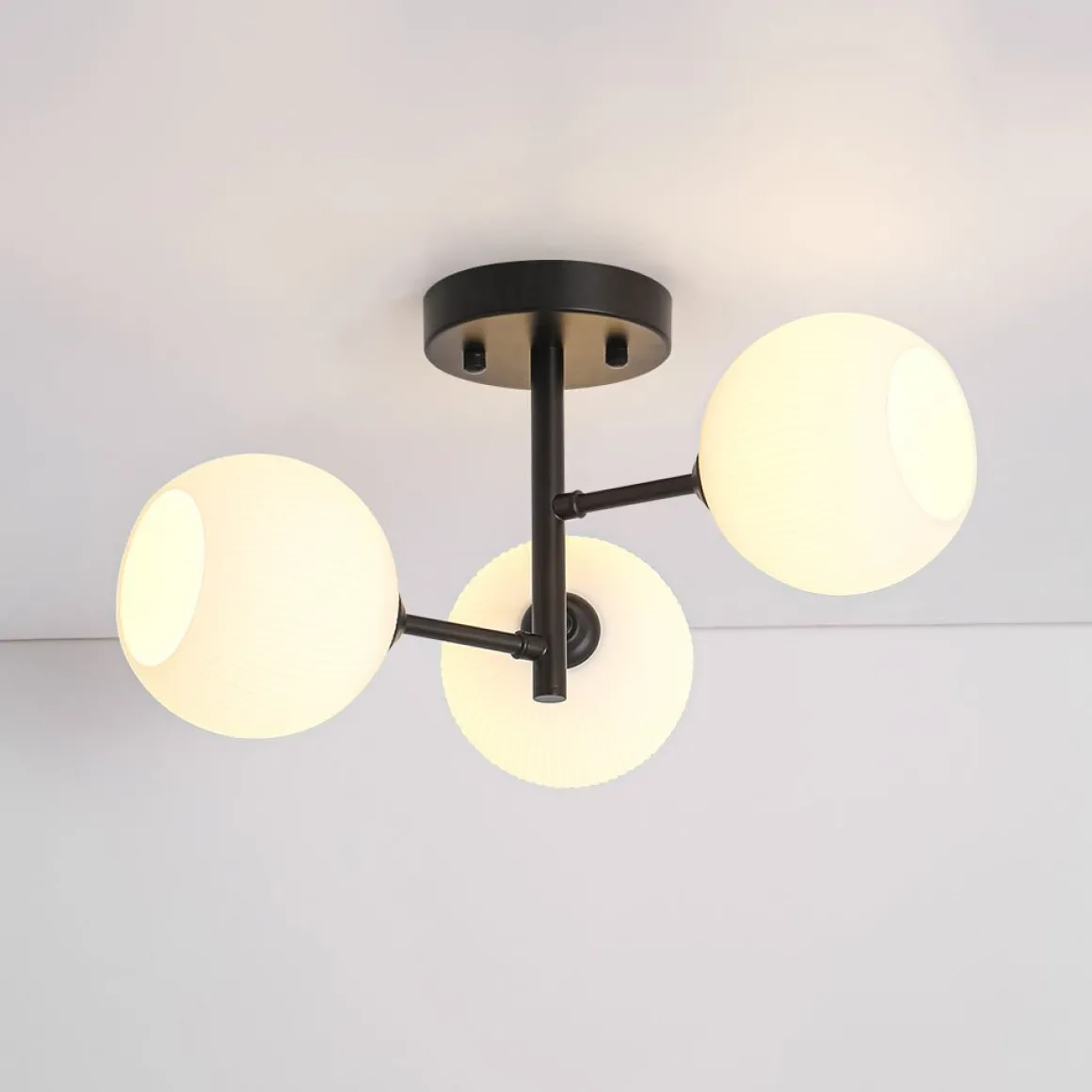 3-Light White Ribbed Glass Tiered Sputnik Semi Flush Mount