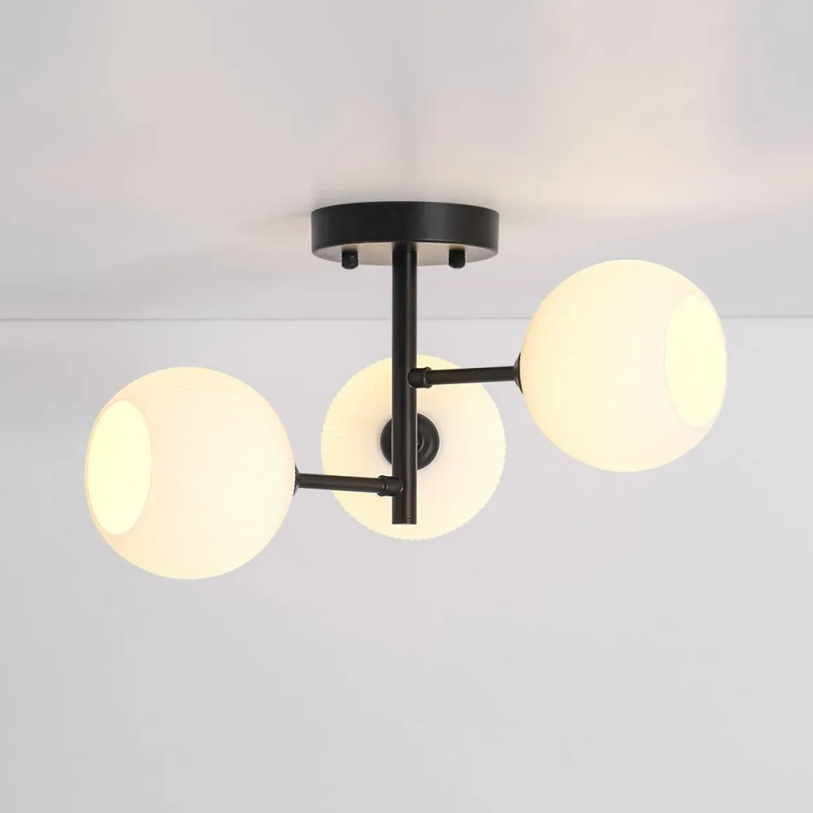3-Light White Ribbed Glass Tiered Sputnik Semi Flush Mount