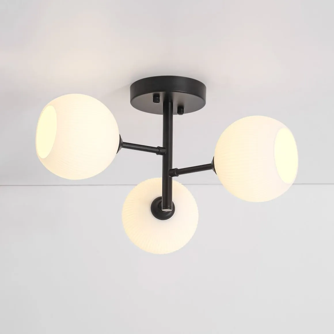 3-Light White Ribbed Glass Tiered Sputnik Semi Flush Mount