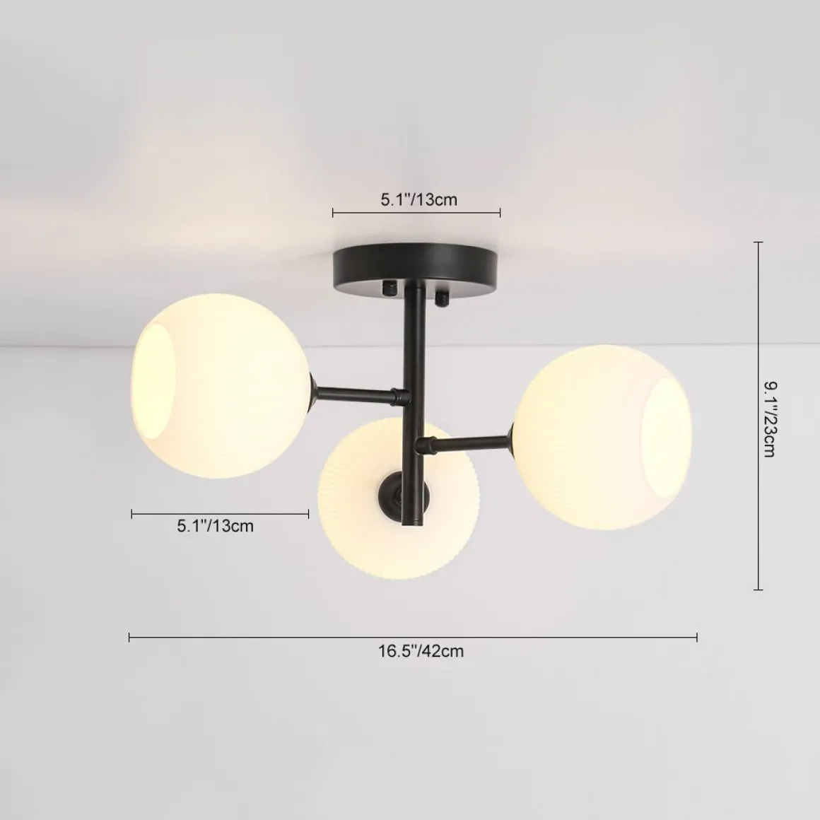 3-Light White Ribbed Glass Tiered Sputnik Semi Flush Mount