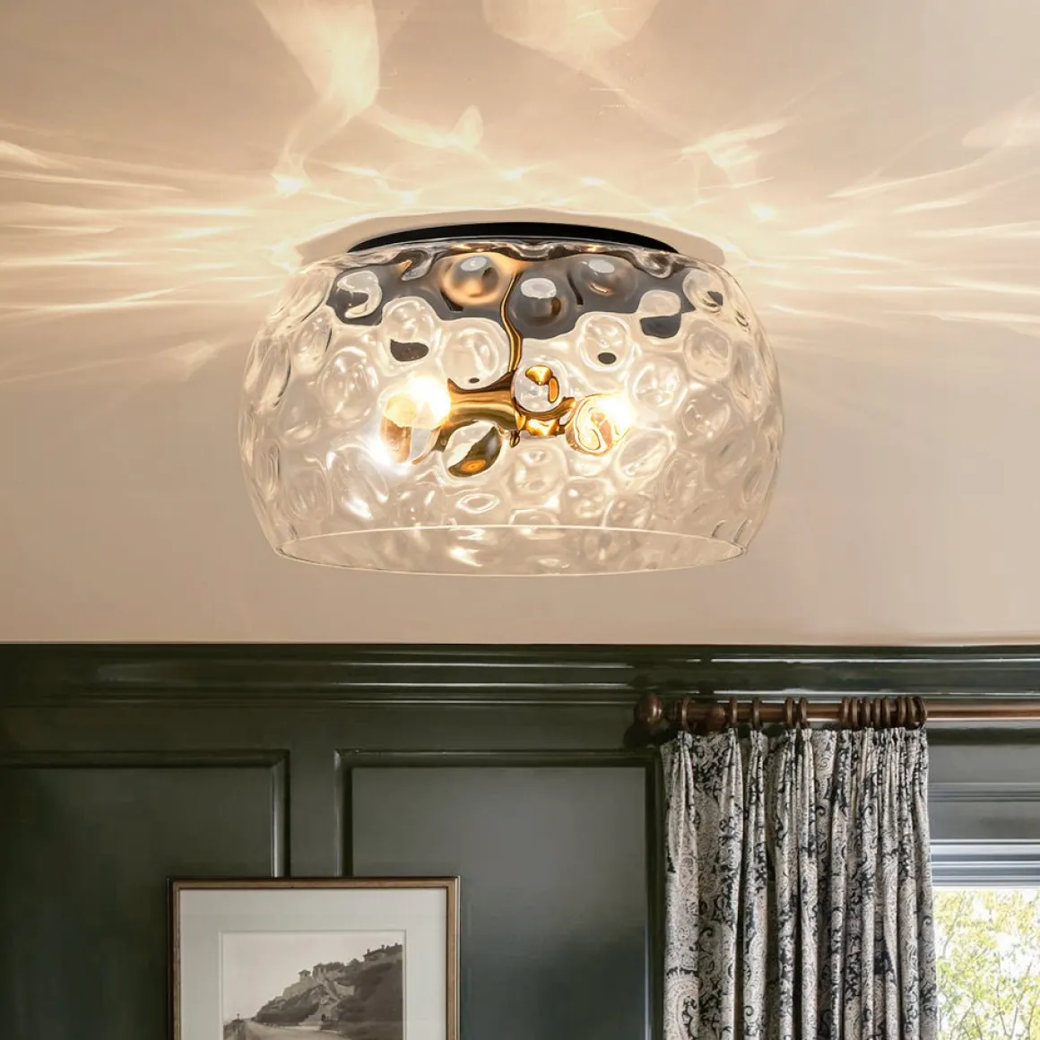 3-Light Wide Bowl Hammered Glass Round Flush Mount