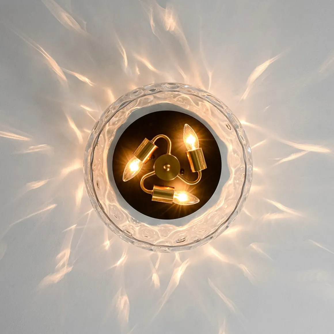 3-Light Wide Bowl Hammered Glass Round Flush Mount