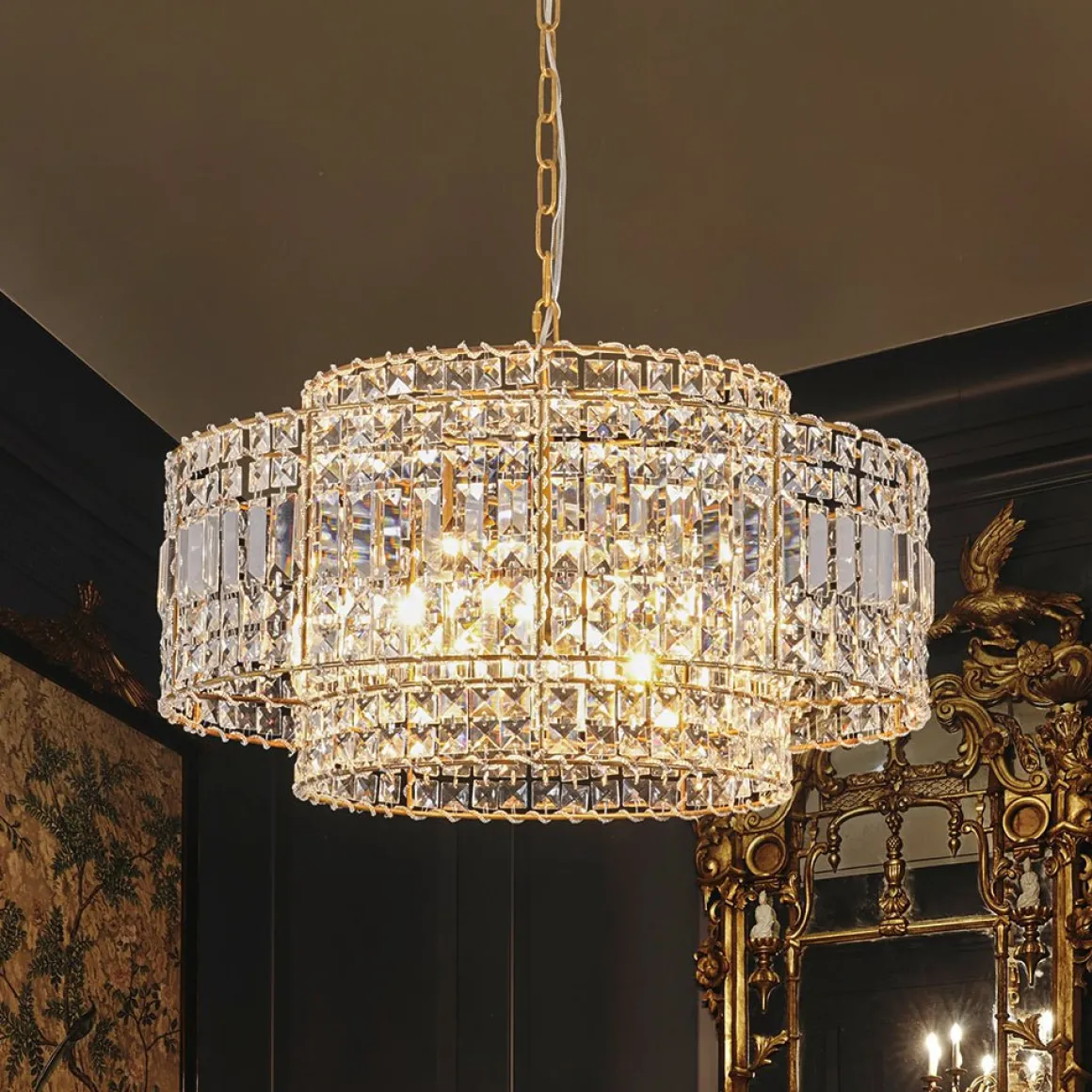 Luxe Antique Bronze Tiered Crystal Drum Cage Chandelier