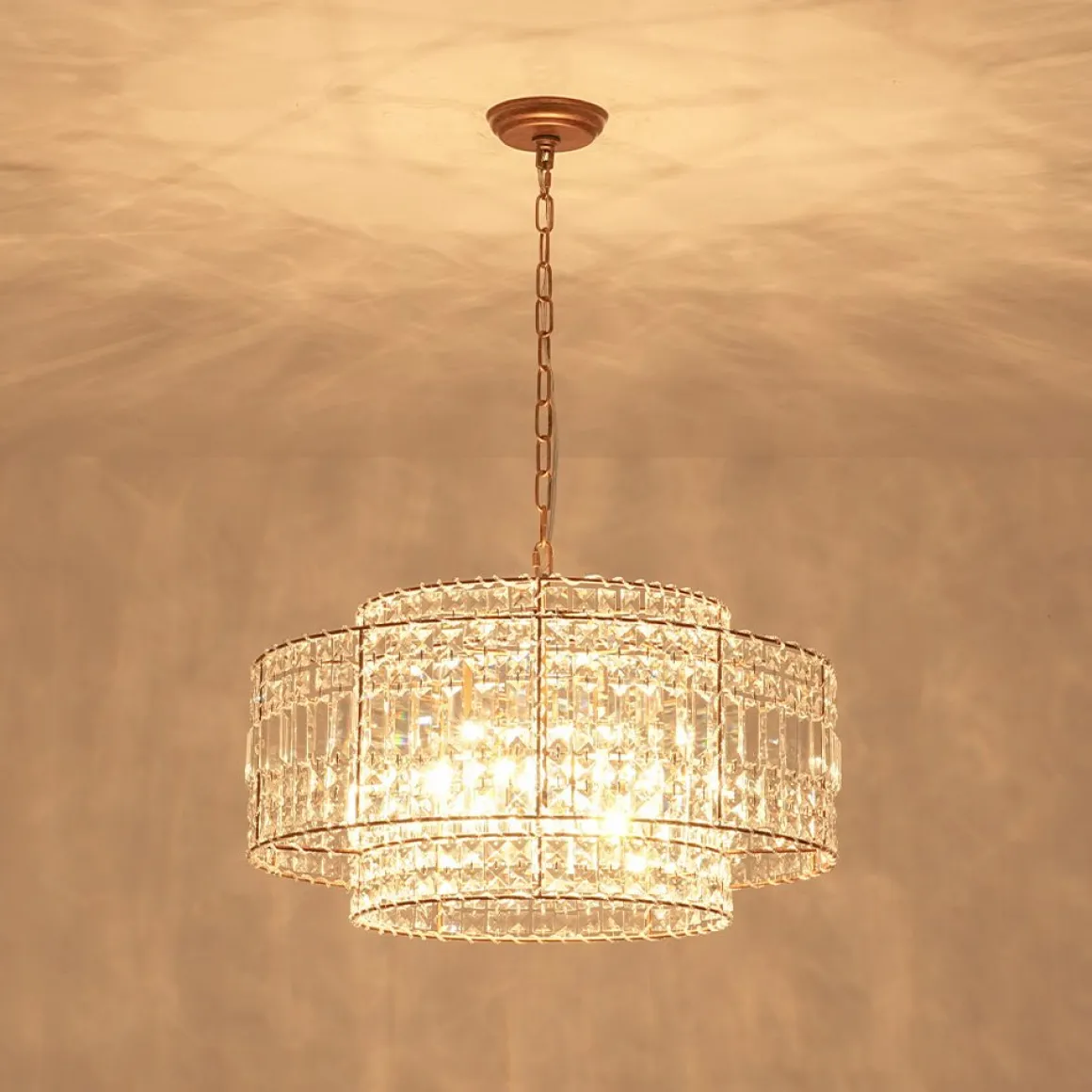 Luxe Antique Bronze Tiered Crystal Drum Cage Chandelier