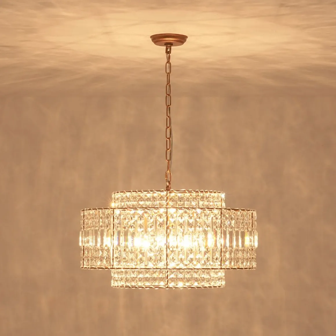 Luxe Antique Bronze Tiered Crystal Drum Cage Chandelier