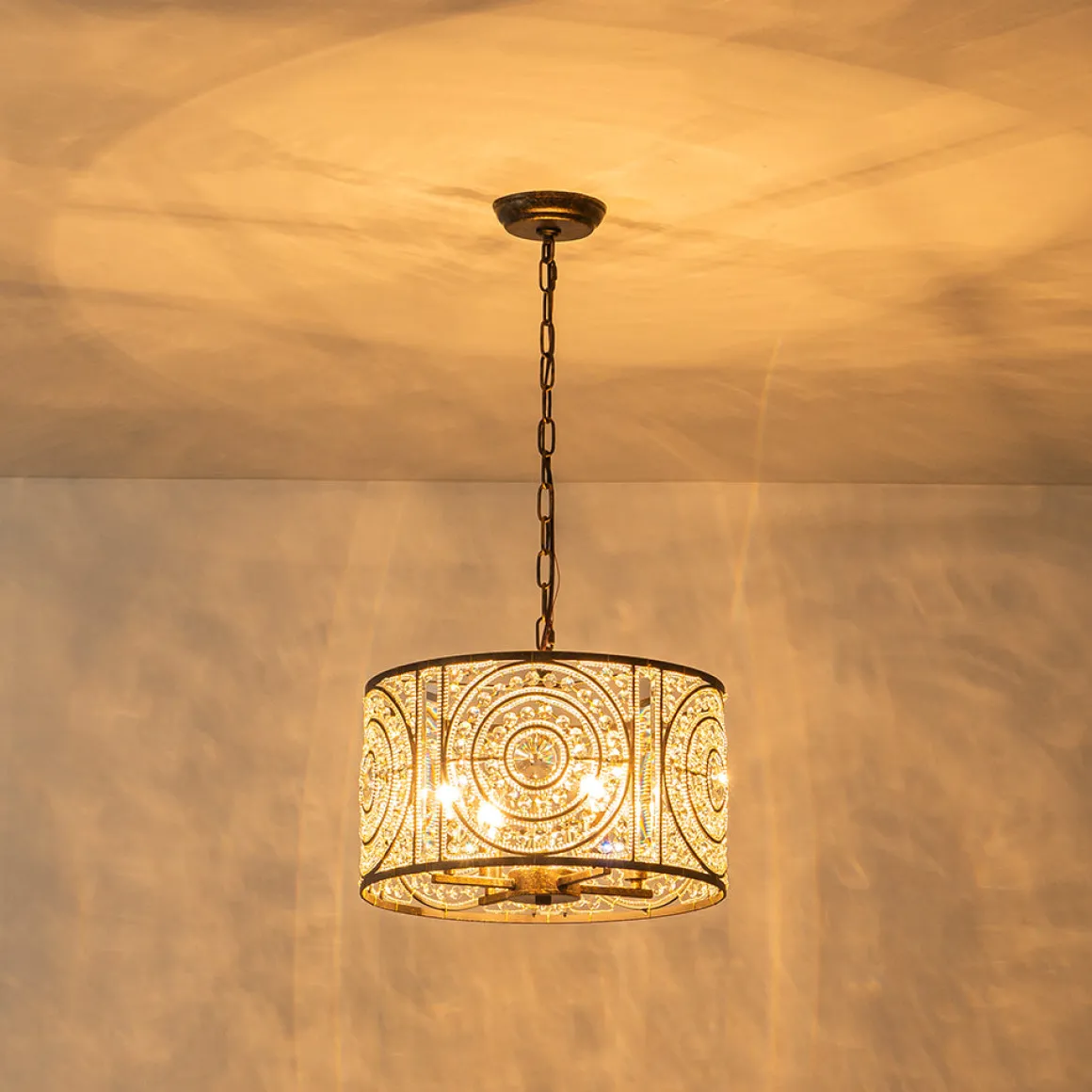 Luxe Moroccan Antique Crystal Drum Cage Chandelier