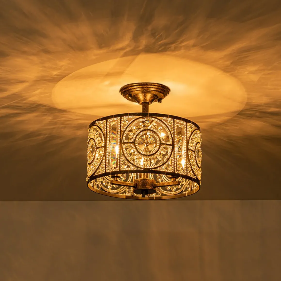 Luxe Moroccan Antique Crystal Drum Semi Flush Mount