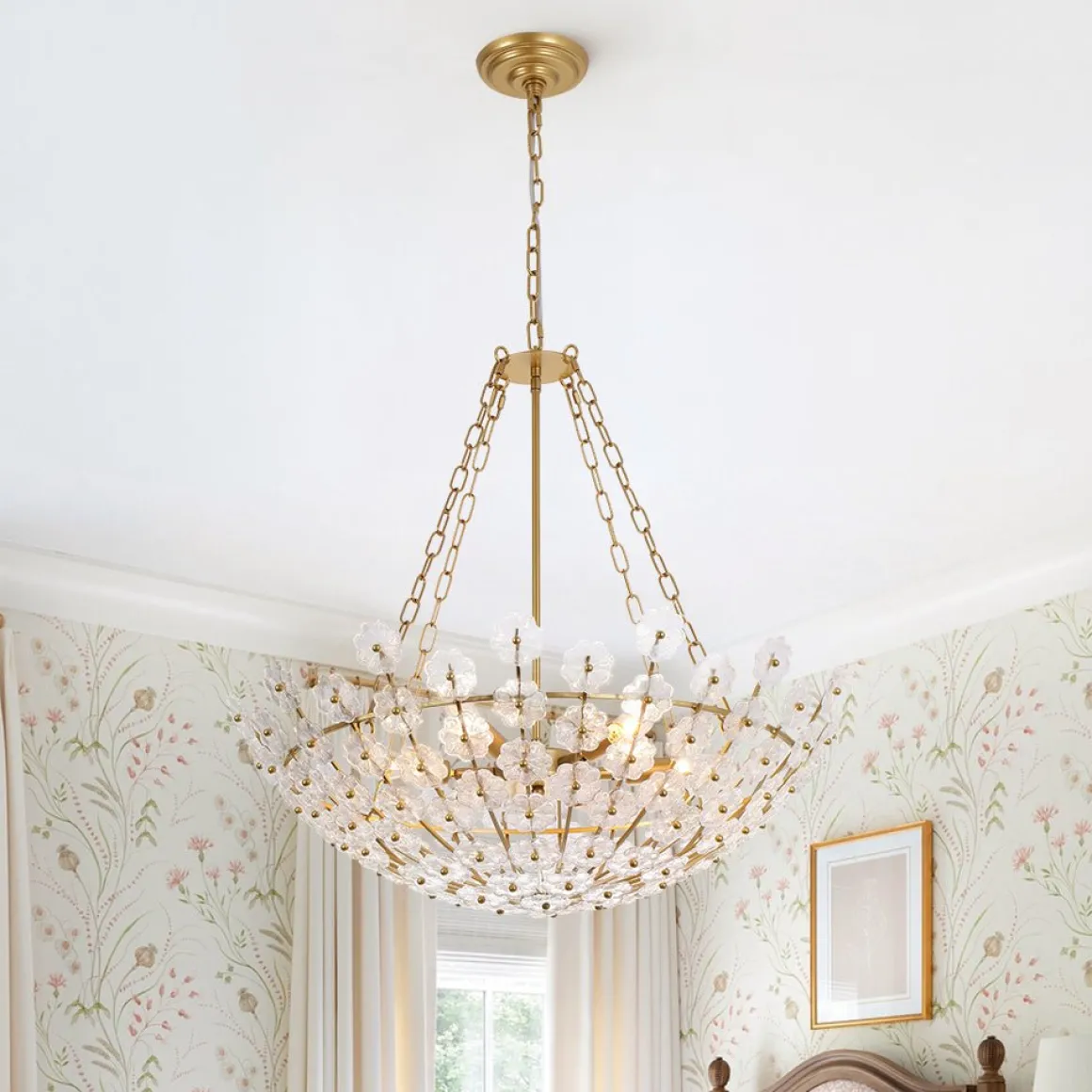 Luxe Sculpture Bloom Glass Floral Brass Basket Chandelier
