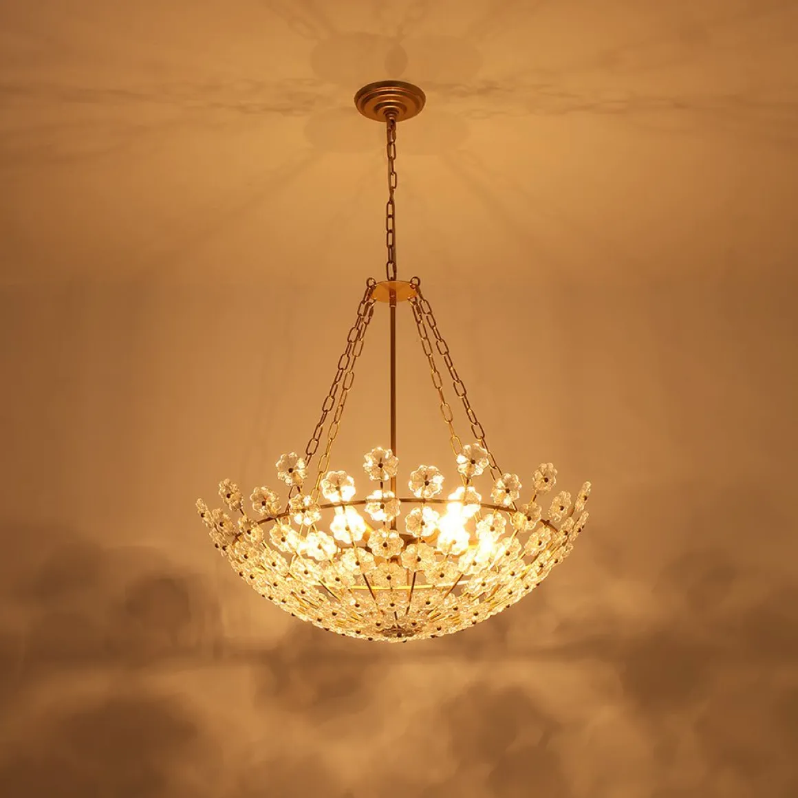 Luxe Sculpture Bloom Glass Floral Brass Basket Chandelier