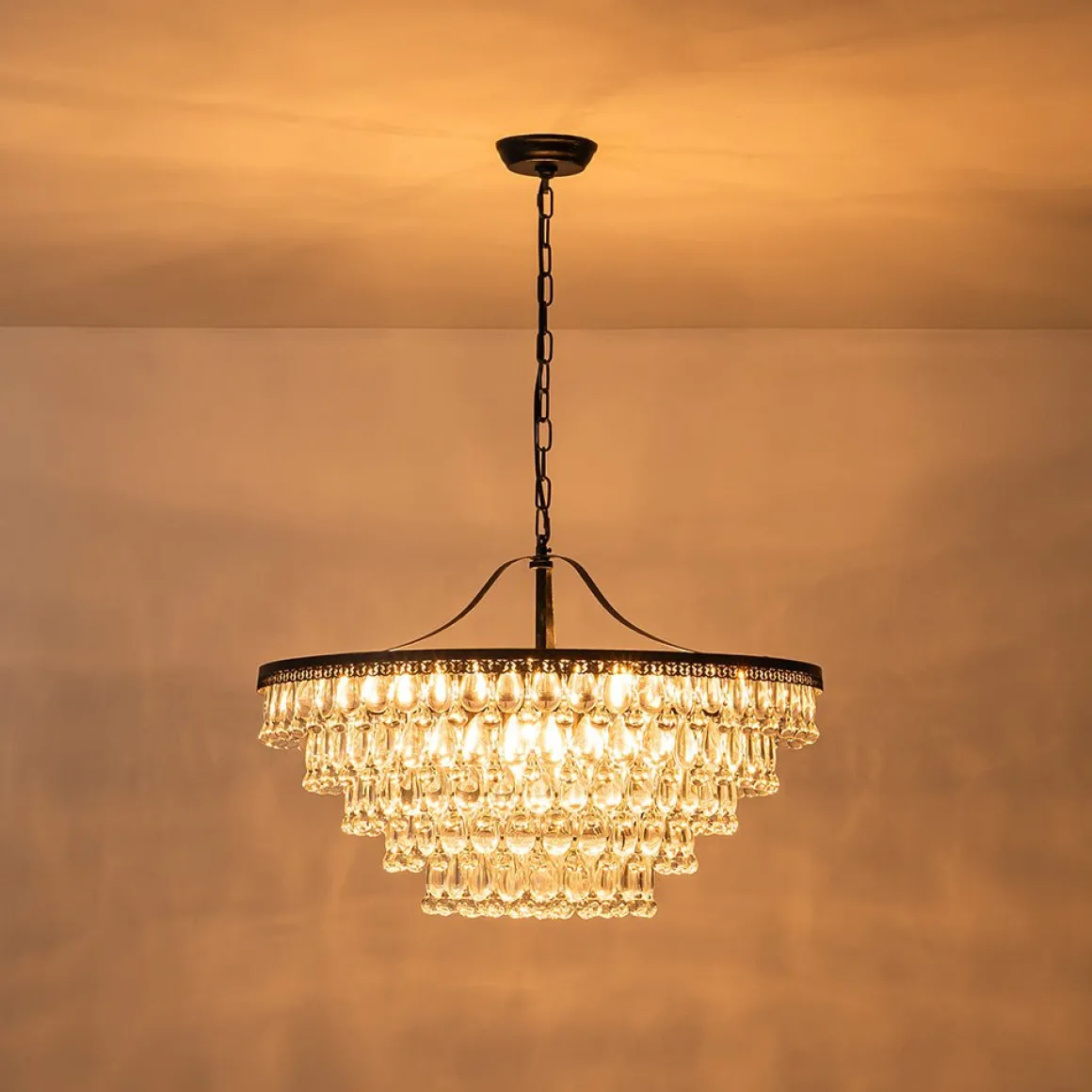 Luxury Glam Tiered Crystal Raindrop Round Chandelier
