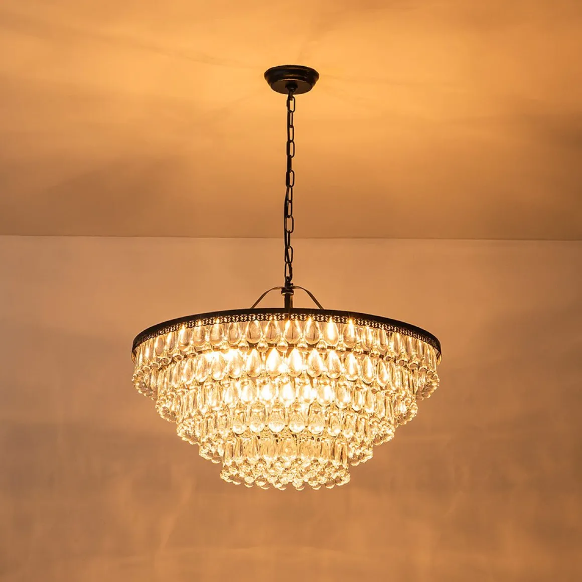 Luxury Glam Tiered Crystal Raindrop Round Chandelier