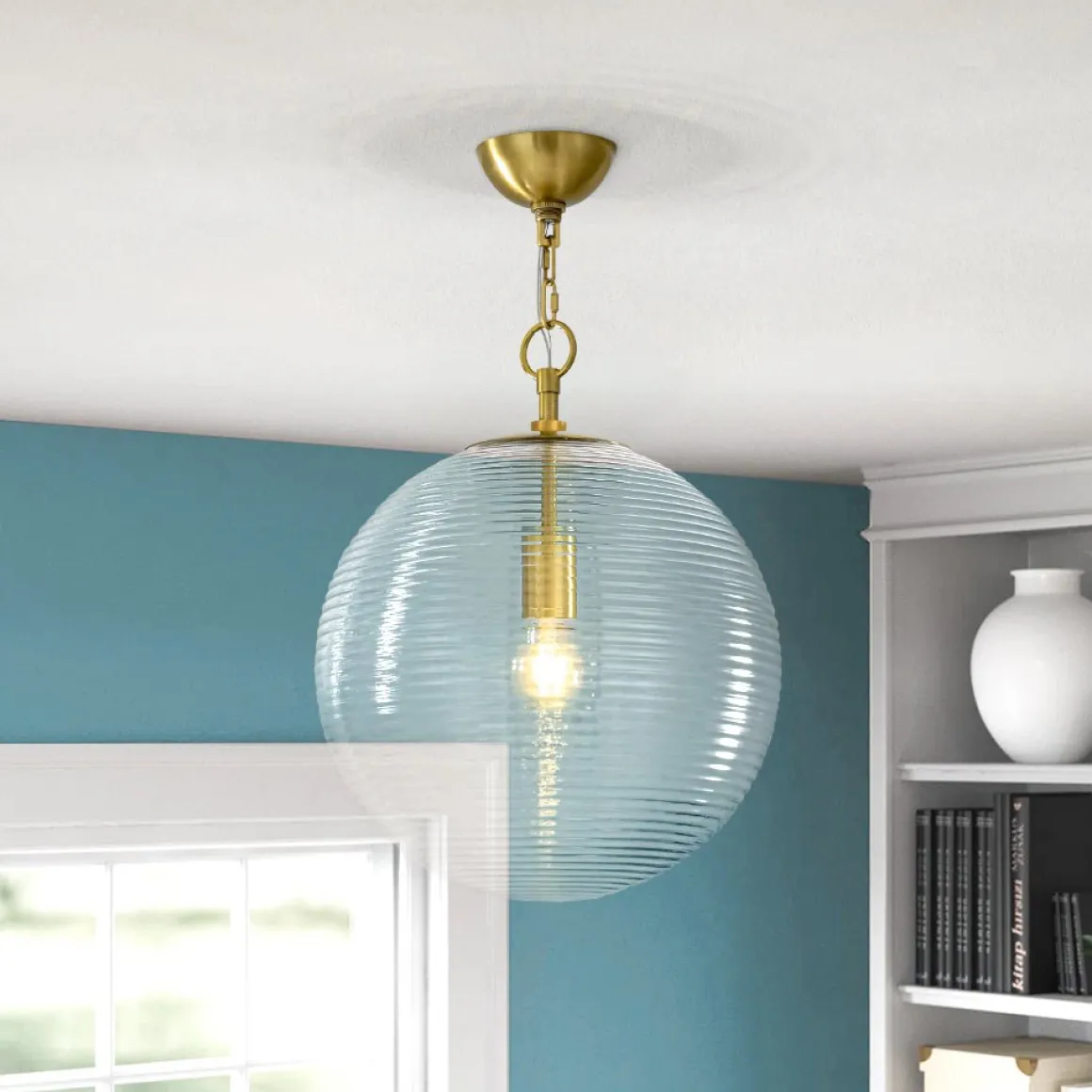 Mid-Century Brass 1-light Clear Reeded Glass Globe Pendant