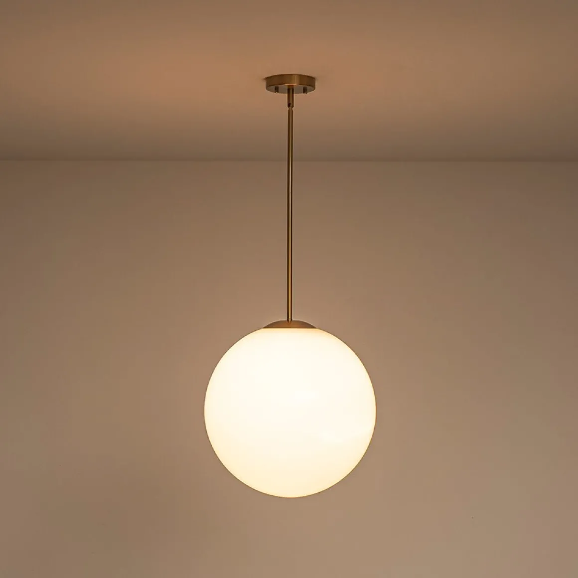 Mid-Century Brass 1-light Shine Opal Glass Globe Pendant