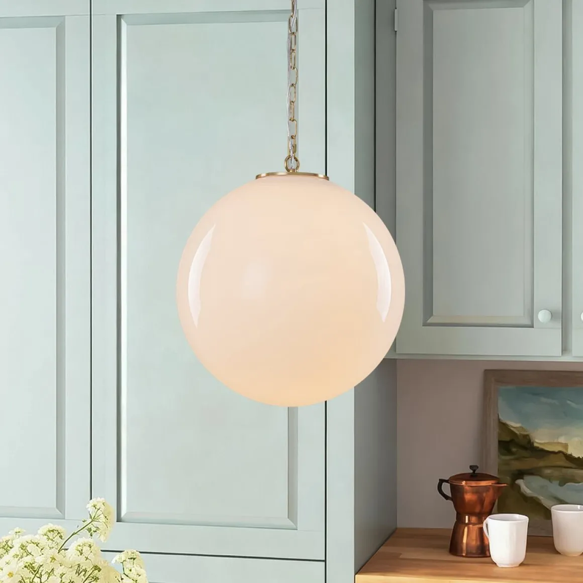 Mid-Century Brass 1-light Shine Opal Glass Globe Pendant